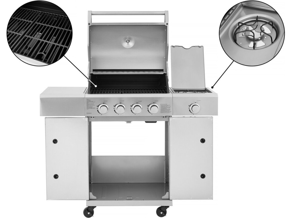 Barbecue gaz en inox avec 5 brûleurs dont 1 latéral "Brazzo" - 118 x 57 x 104 cm - Gris clair