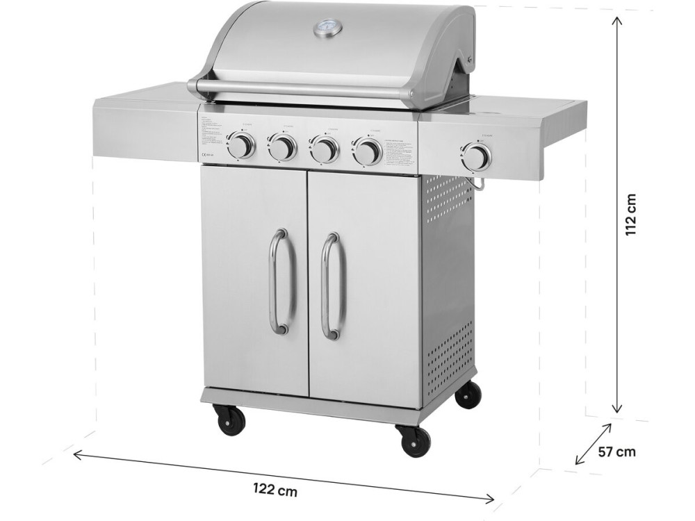Barbecue gaz en inox avec 5 brûleurs dont 1 latéral "Brazzo" - 118 x 57 x 104 cm - Gris clair