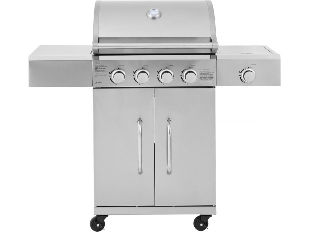 Barbecue gaz en inox avec 5 brûleurs dont 1 latéral "Brazzo" - 118 x 57 x 104 cm - Gris clair