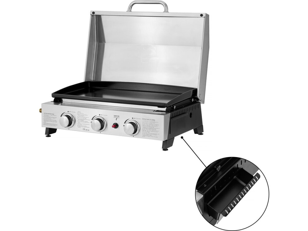 Plancha à gaz avec 3 bruleurs et couvercle en métal "Fasto" - 7,5 kw - Gris