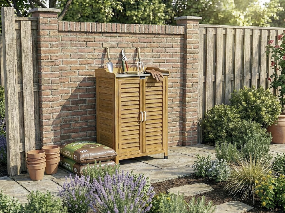 Armoire de jardin en bois avec roulettes "Alexia" - 66 x 41 x 101 cm - Marron