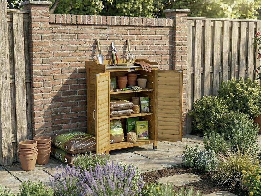 Armoire de jardin en bois avec roulettes "Alexia" - 66 x 41 x 101 cm - Marron