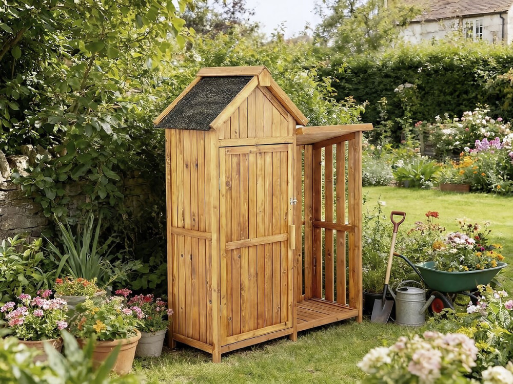 Armoire de jardin en bois avec range-bûches "Noé" - 136 x 57 x 170 cm - Marron