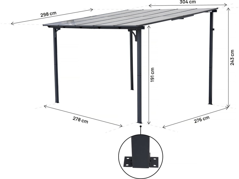 Pergola tonnelle adossée "Marvin" - 3 x 3 m - 304 x 298 x 243 cm - Gris foncé