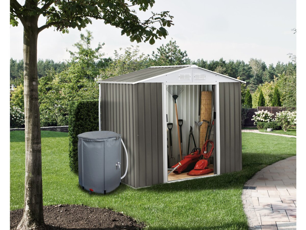 Abri jardin métal "Dallas" - 5,29 m² avec gouttière et récupérateur d'eau - Taupe