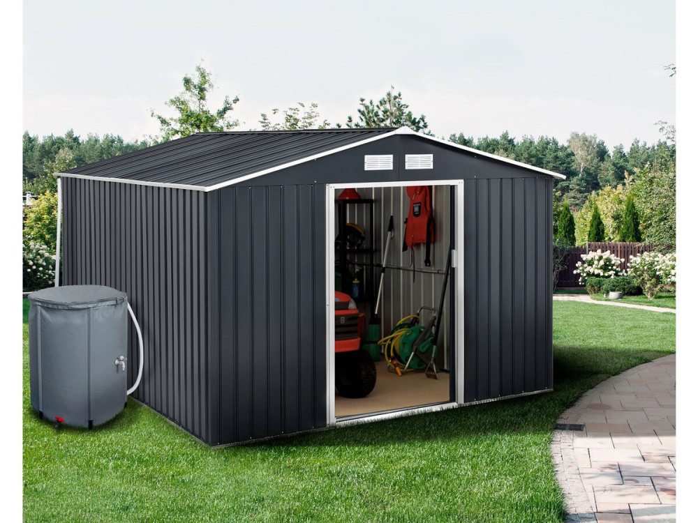 Abri de jardin métal - "Vegas"- 12.98 m² avec gouttière et récupérateur d'eau - "Vegas" - Gris