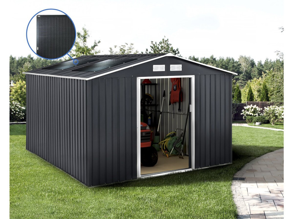 Abri de jardin métal - "Vegas" - 12.98 m² avec panneaux solaires - Gris