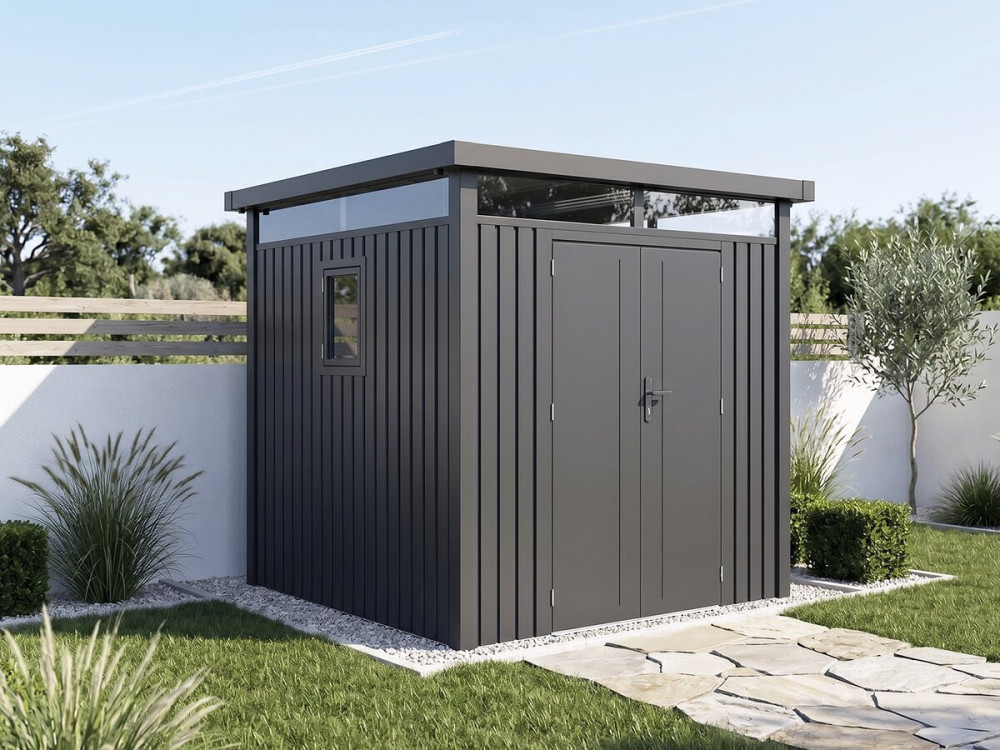 Abri de jardin métal premium avec toit plat et porte battante "Lexinton" - 5,29 m² - Gris