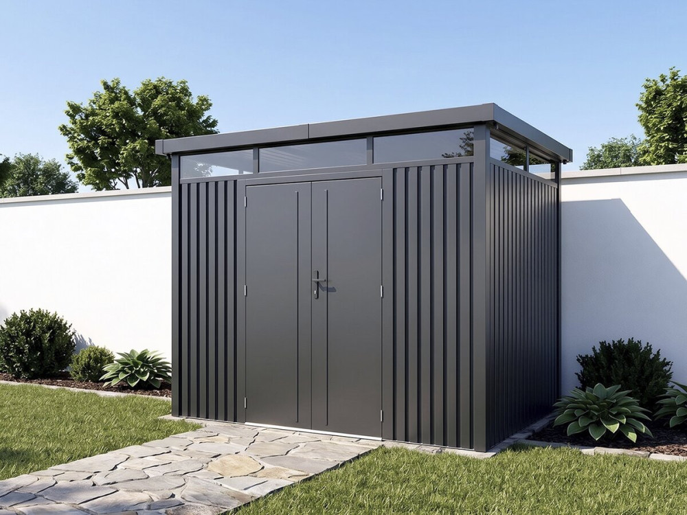 Abri de jardin métal premium avec toit plat et porte battante "Lexinton" - 6,76 m² - Gris