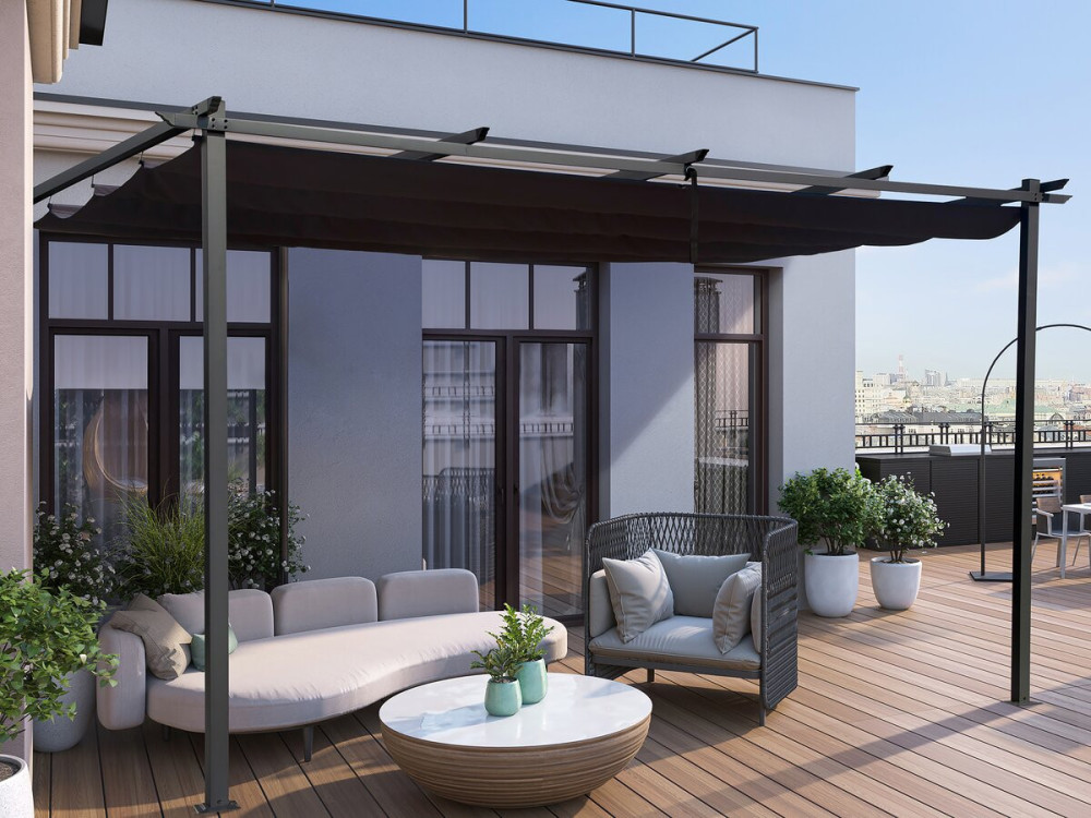 Pergola adossée en aluminium avec toit rétractable-  3 x 4 m -  Gris