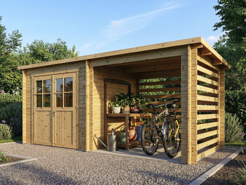 Abri de jardin bois avec appentis "Aureval" - 11m² - 2.24 x 5.01 x 2.07 m - 28 mm