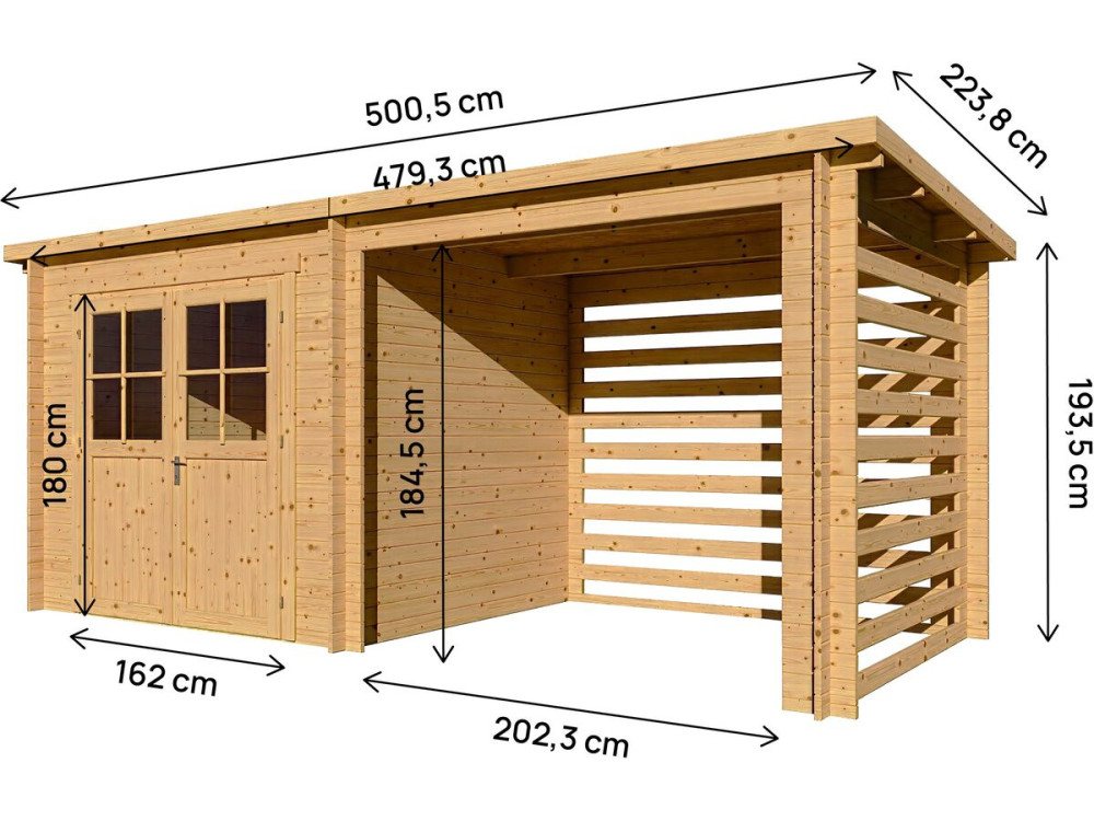 Abri de jardin bois avec appentis "Aureval" - 11m² - 2.24 x 5.01 x 2.07 m - 28 mm
