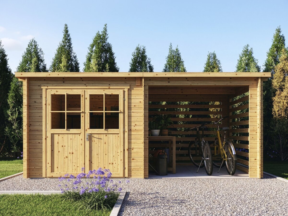 Abri de jardin bois avec appentis "Aureval" - 11m² - 2.24 x 5.01 x 2.07 m - 28 mm