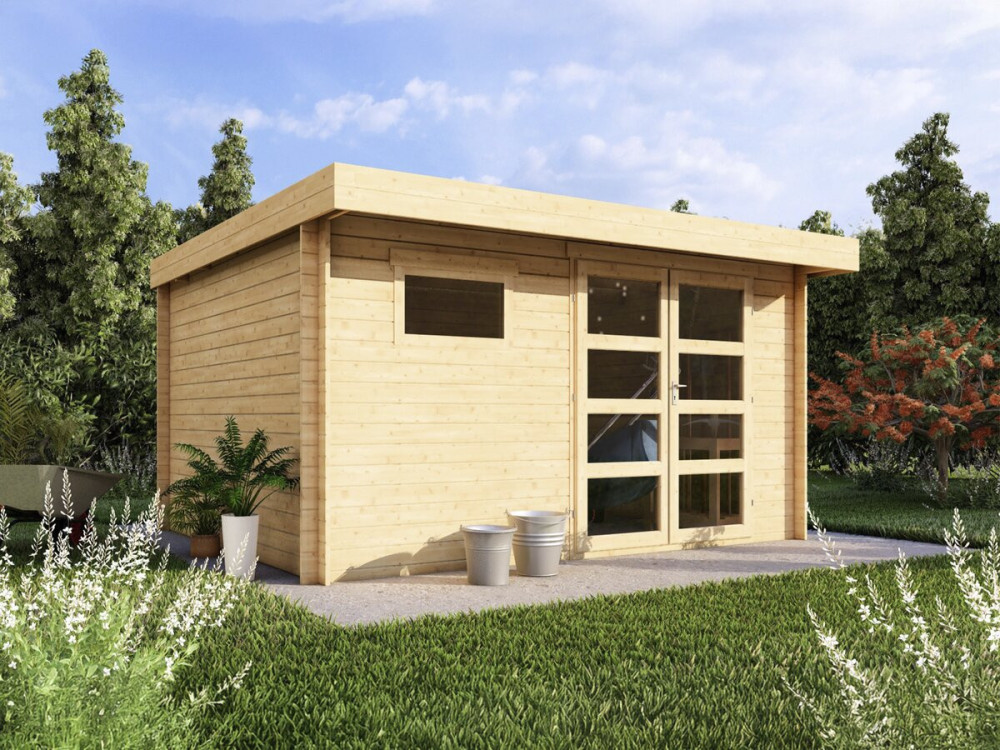 Abri de jardin en bois avec toit plat "Oak" - 13,1 m² - 28 mm - Beige
