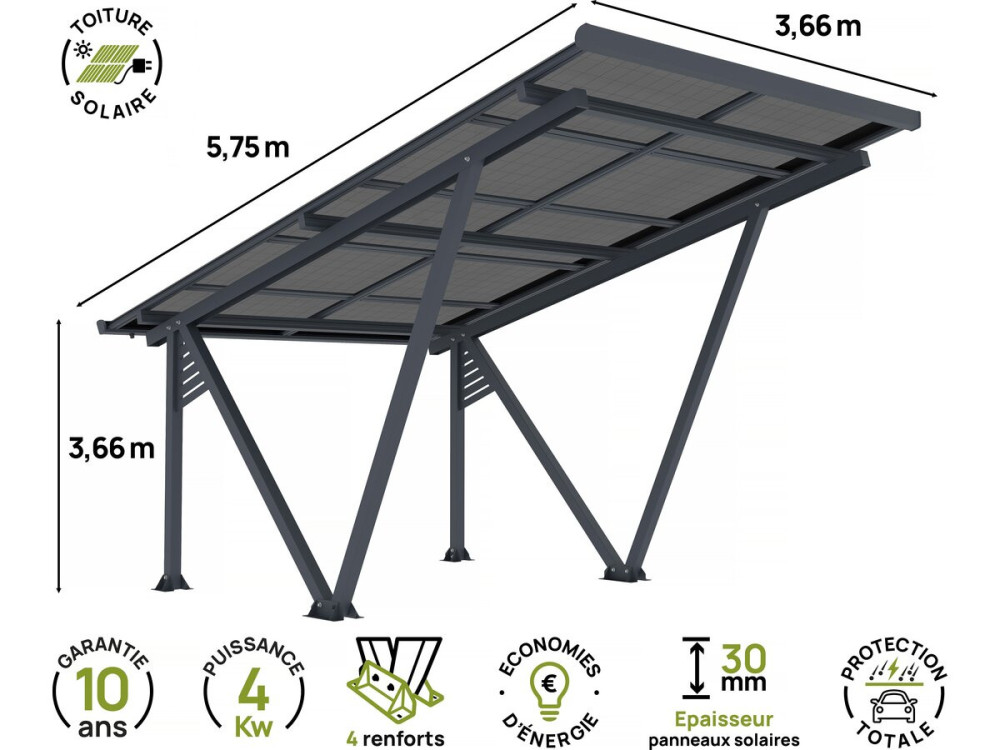 Ombrière Carport solaire avec panneaux photovoltaïques - 366 x 575 x 366 cm - Gris - 4,1 kW