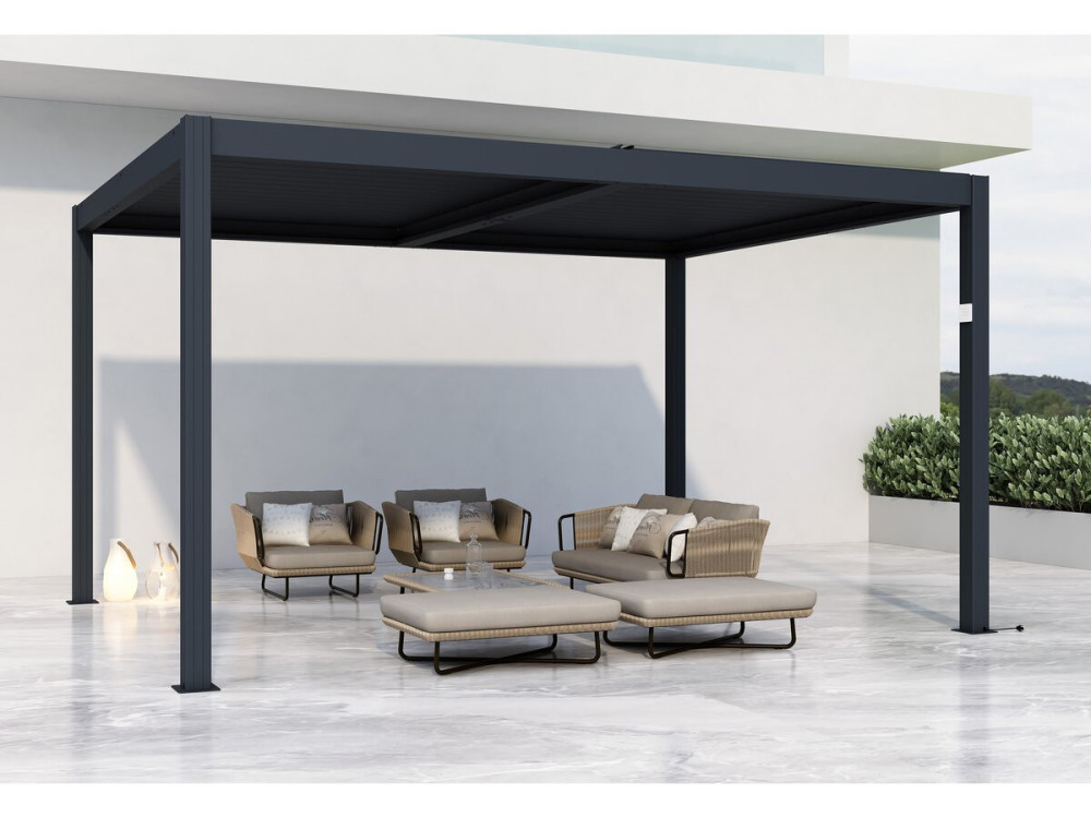Pergola bioclimatique motorisé avec led "Windsor" en aluminium 3 x 4 - Gris