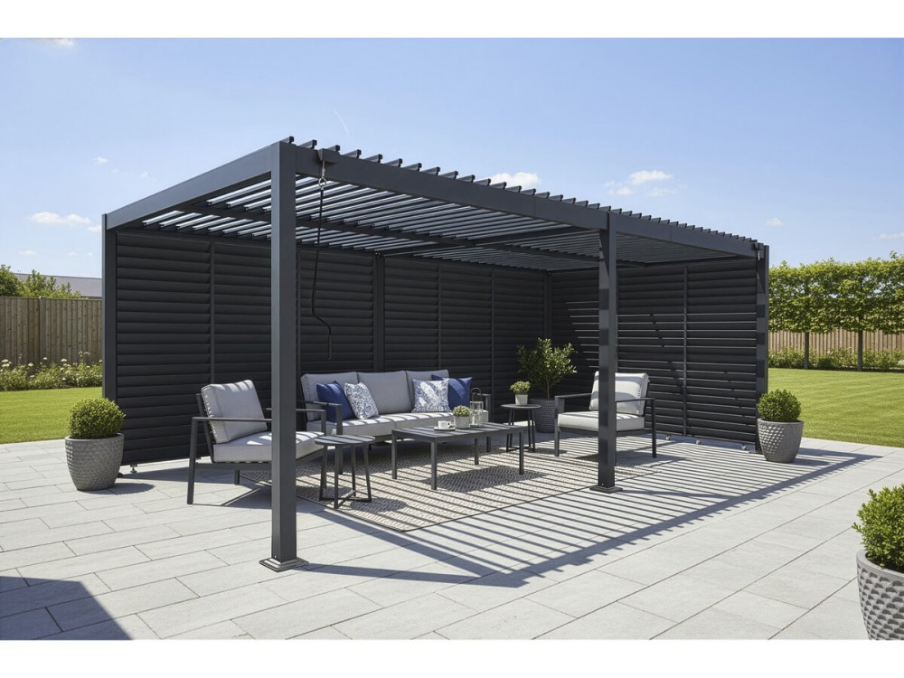Pergola bioclimatique avec 9 persiennes en aluminium "Kensington" - 3 x 6 m - Gris