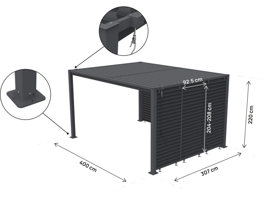 Pergola bioclimatique avec 7 persiennes en acier galvanisé "Howard" - 3 x 4 m - Gris
