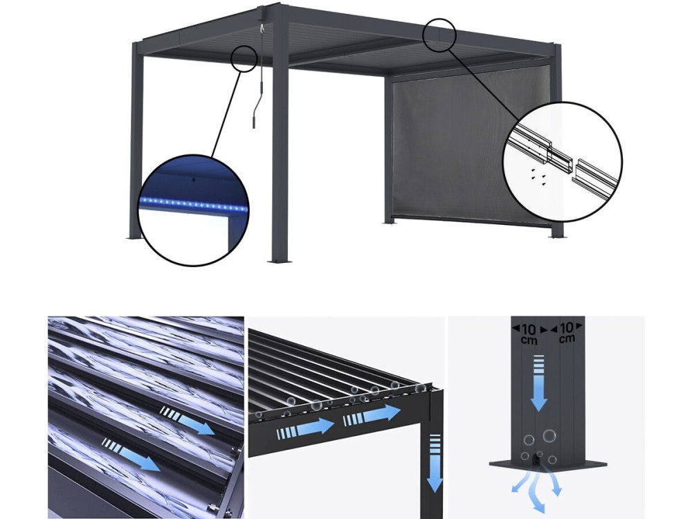 Pergola bioclimatique avec led et store en aluminium "Windsor premium" - 3 x 4 m - Gris
