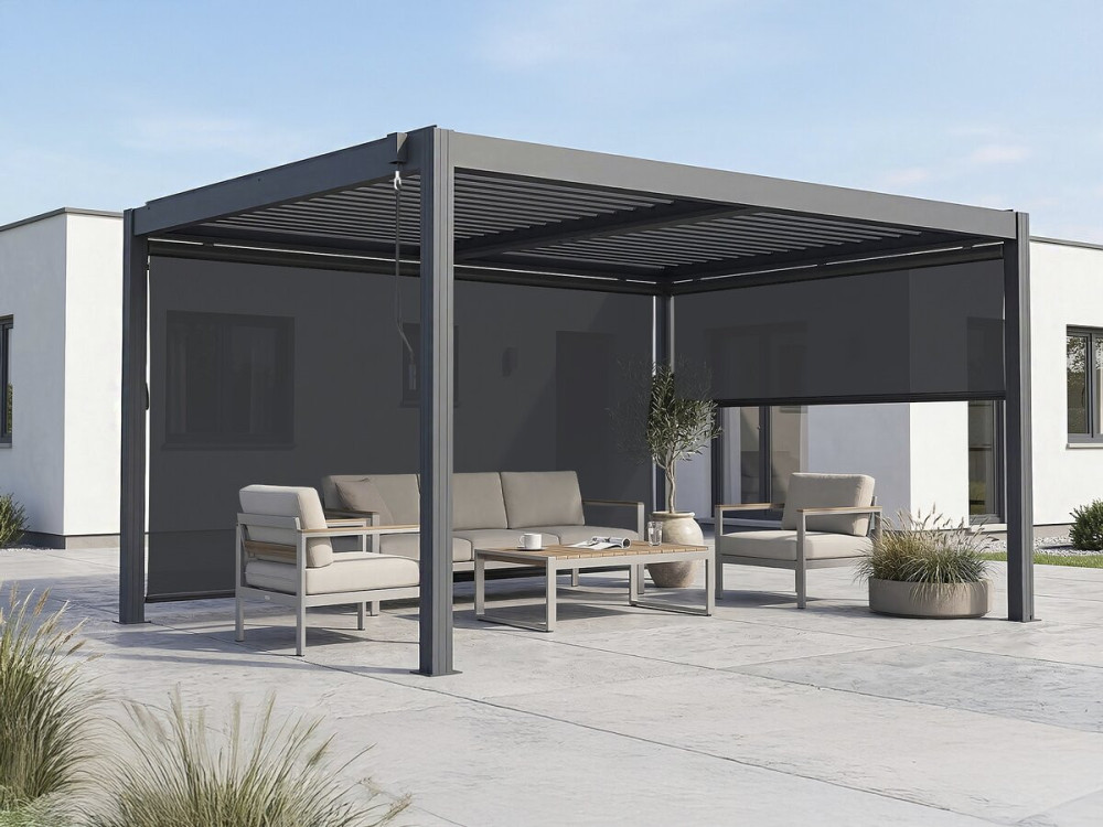 Pergola bioclimatique avec led et 2 stores en aluminium "Windsor premium" - 3 x 4 m - Gris