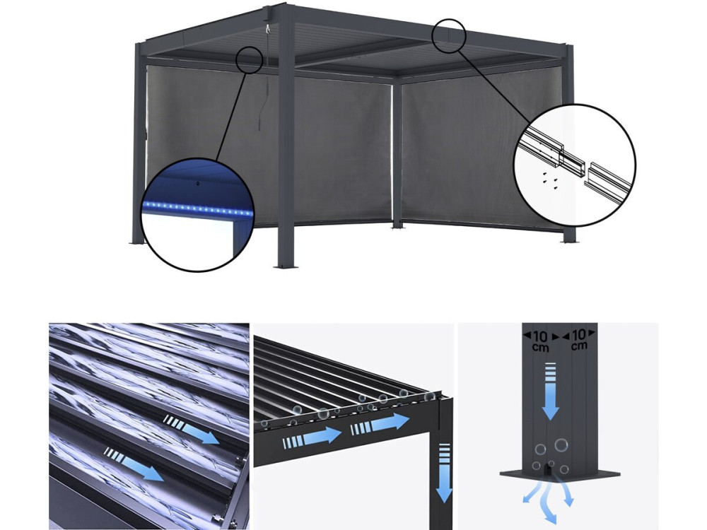 Pergola bioclimatique avec led et 2 stores en aluminium "Windsor premium" - 3 x 4 m - Gris