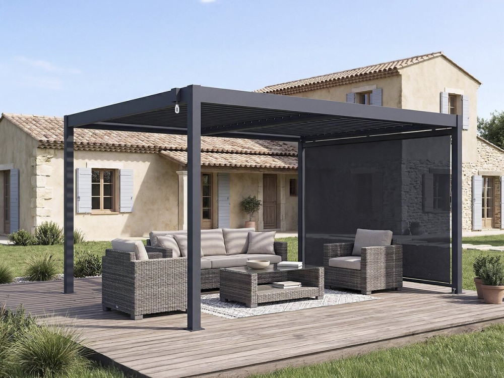 Pergola bioclimatique avec store en aluminium "Windsor" - 3 x 4 m - Gris