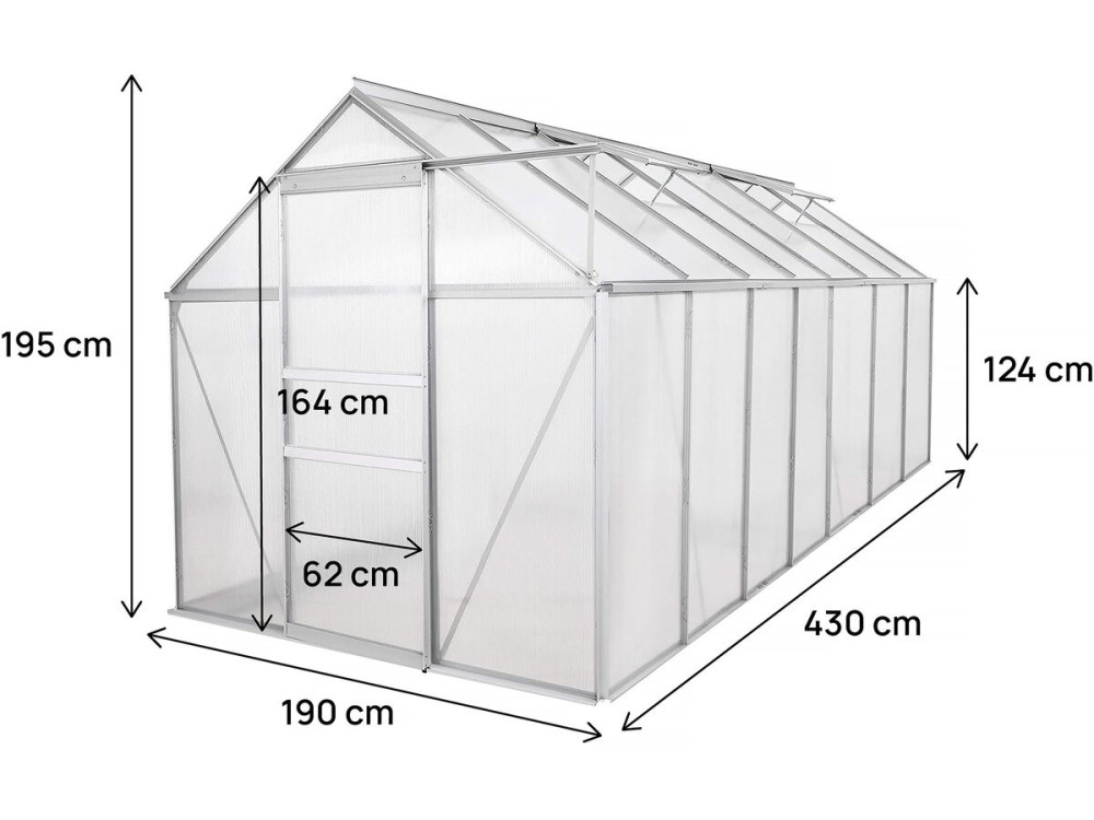 Serre jardin en polycarbonate 430 x 190 x 195 cm "Basilic" - 8,17 m² - Gris
