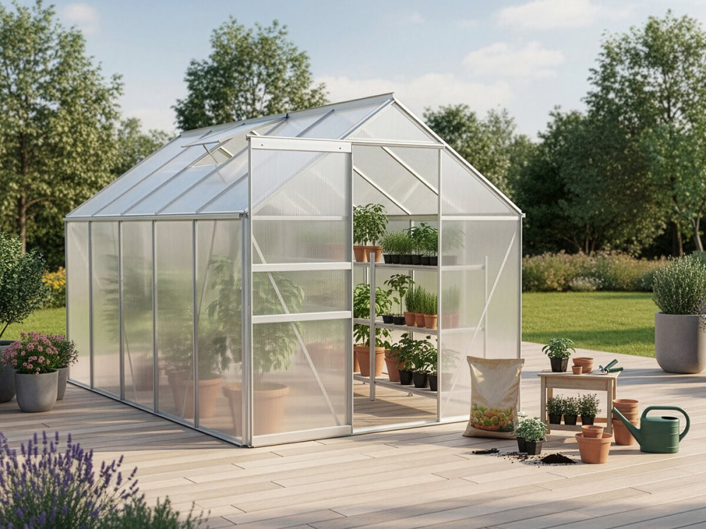 Serre jardin polycarbonate 310 x 190 x 195 cm "Basilic" - 5,89 m² - Gris