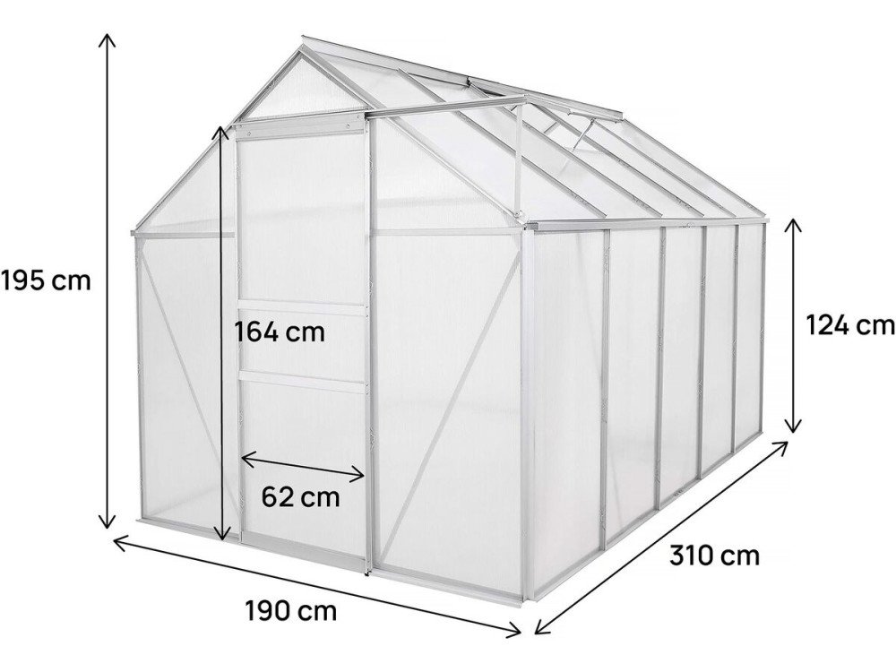 Serre jardin polycarbonate 310 x 190 x 195 cm "Basilic" - 5,89 m² - Gris