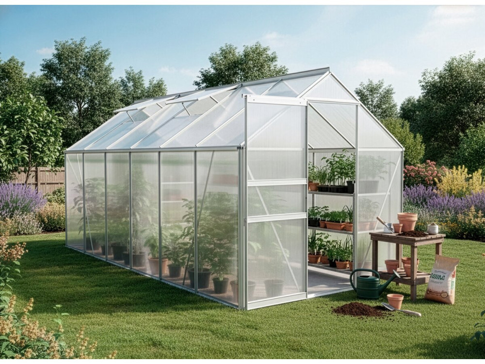 Embase en acier galvanisé pour serre jardin "Basilic" - 7,03 m² - Gris