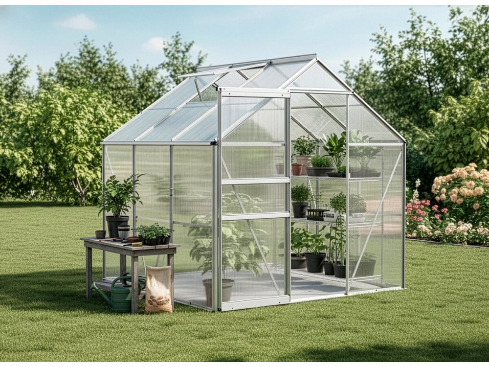 Embase en acier galvanisé pour serre jardin "Basilic" - 3,61 m² - Gris