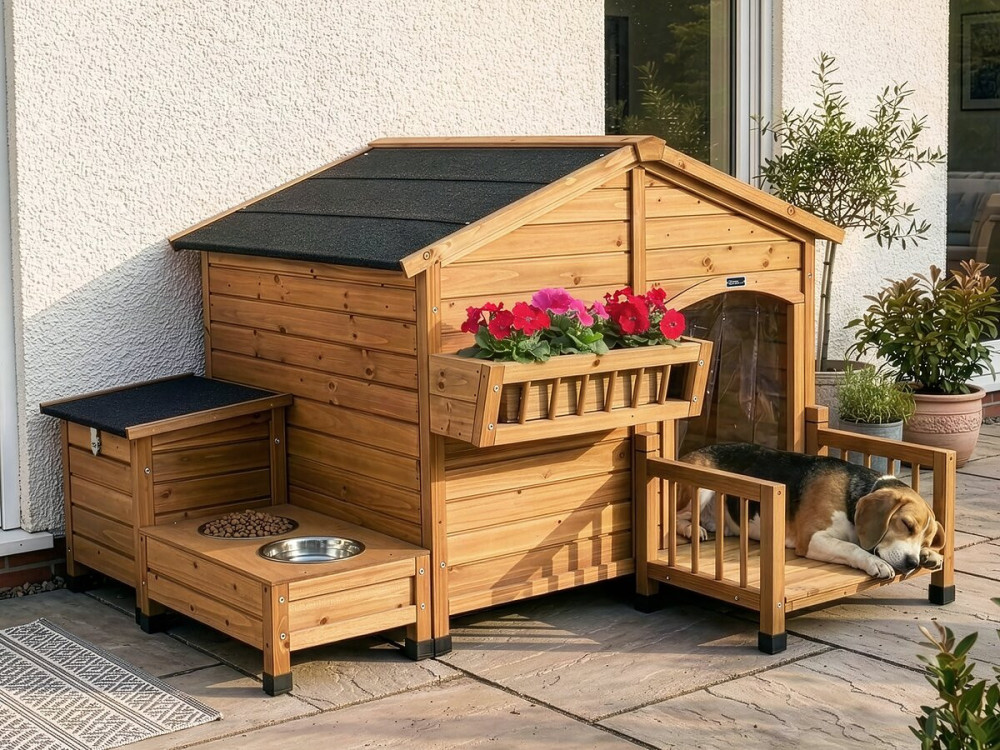 Niche pour chien en bois avec mangeoire et boite de rangement "Rusty" - 151 x 138 x 100 cm - Marron