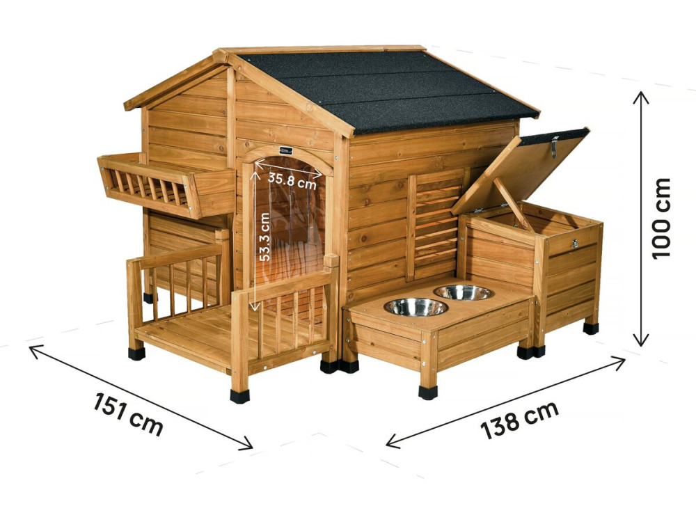 Niche pour chien en bois avec mangeoire et boite de rangement "Rusty" - 151 x 138 x 100 cm - Marron
