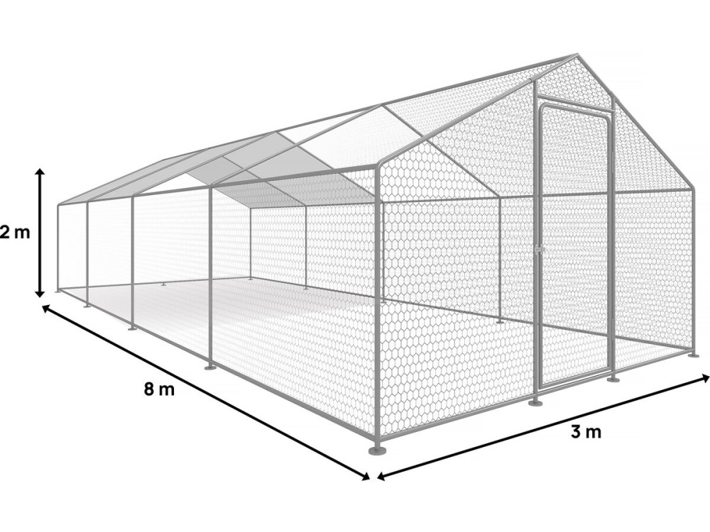 Enclos à poules 24 m² parc grillagé 8 x 3 x 2 M acier galvanisé