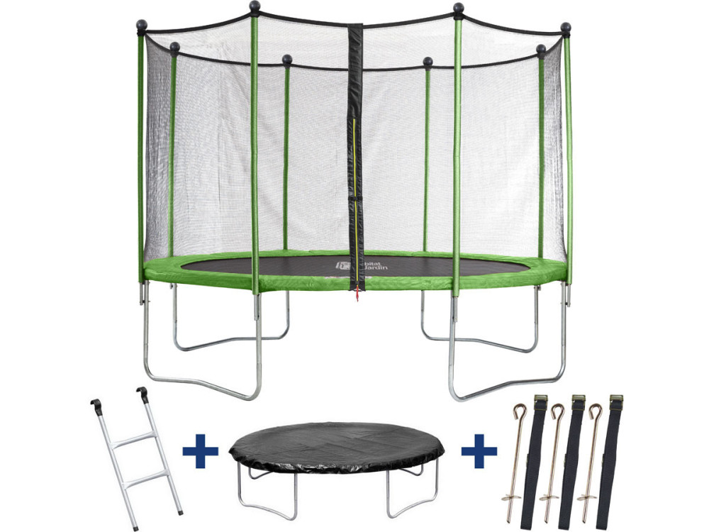 Trampoline "Yoopi 2" - Ø 4.25 m - Avec filet + échelle + couverture + kit d'ancrage