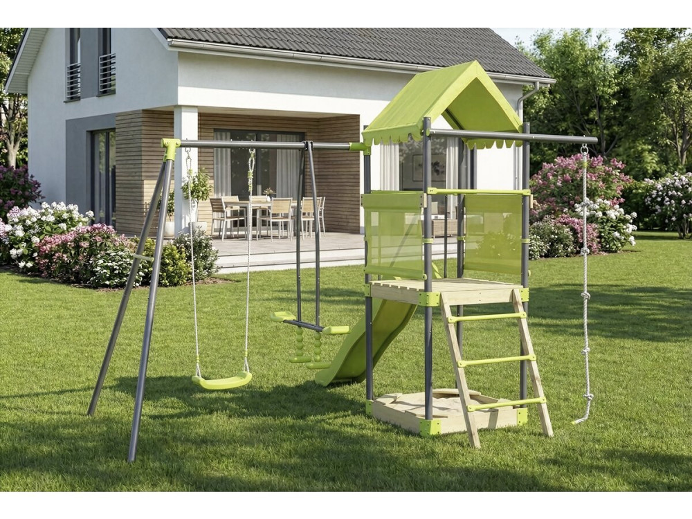 Aire de jeu portique en métal avec toboggan et bac a sable "Sohane"  - Vert