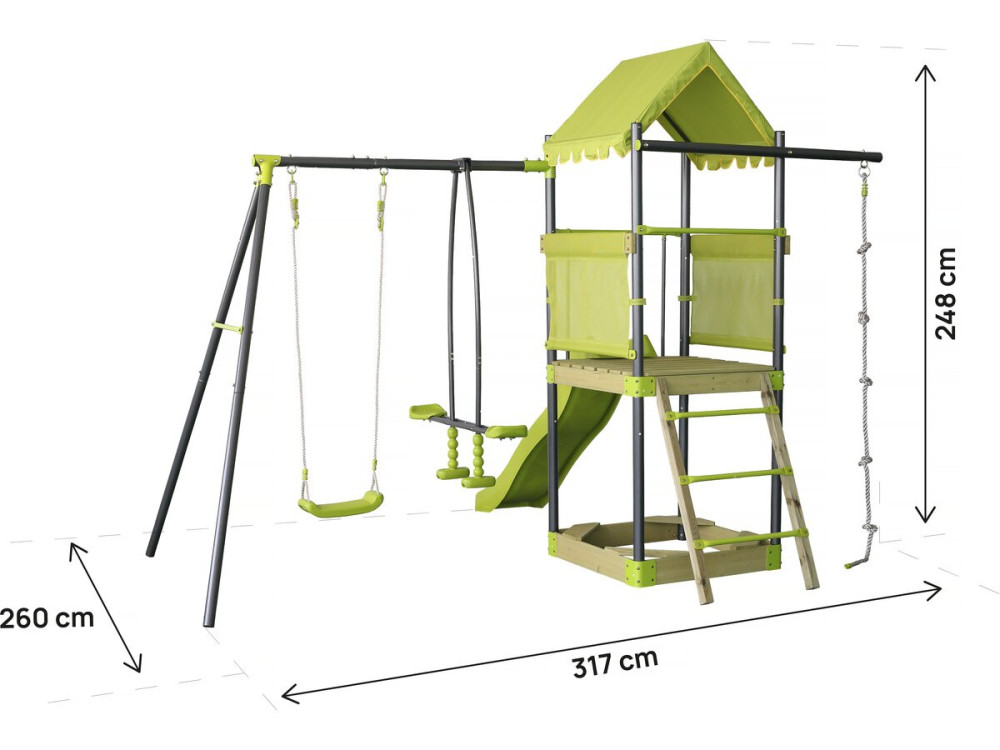 Aire de jeu portique en métal avec toboggan et bac a sable "Sohane"  - Vert