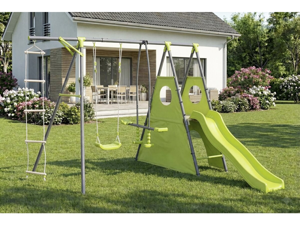 Portique de jeu métal avec toboggan "Dany"- 5 agrès - Vert