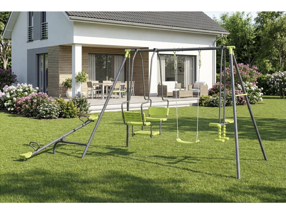 Portique de jeu en métal avec balançoire a bascule "Lenny" - 4 agrès - Vert