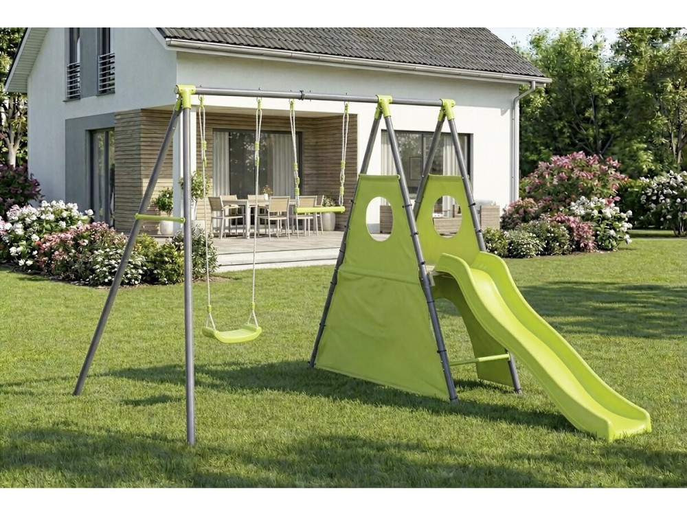 Portique de jeu en métal avec toboggan "Kylian" - 4 agrès - Vert