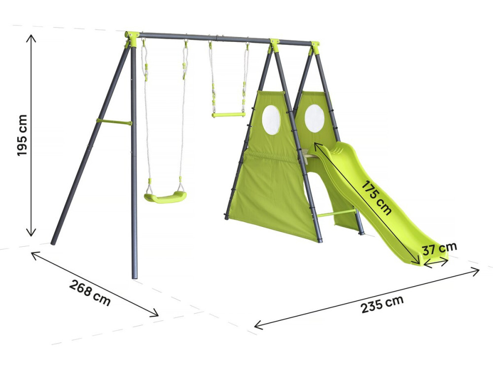 Portique de jeu en métal avec toboggan "Kylian" - 4 agrès - Vert