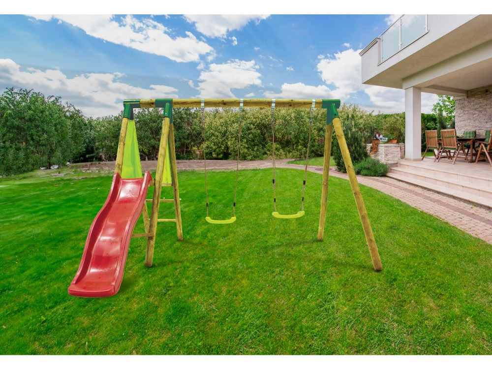 Portique en bois "Balanga" - Avec 1 Toboggan et 2 Balançoires.