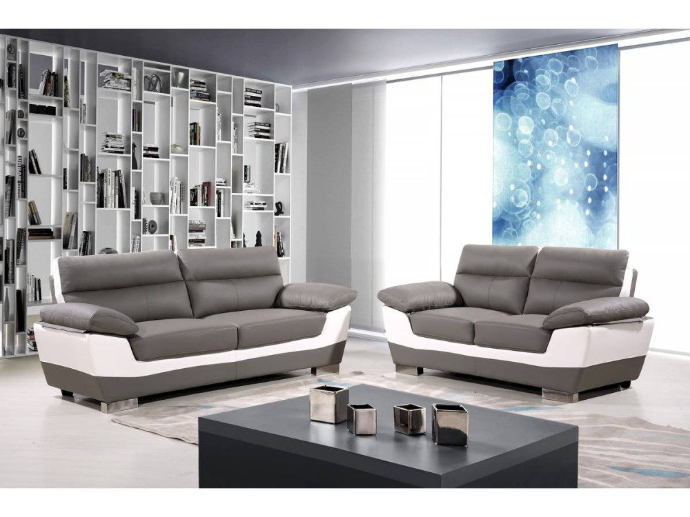 Canapé fixe en cuir reconstitué et PVC " Dallas" - 210 x 88 x 90 cm - 3 places - Gris/Blanc