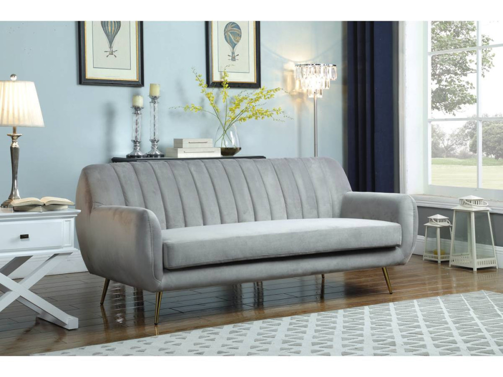 Canapé fixe en velours "Evans" - 195 x 84 x 82 cm - 3 places - Gris