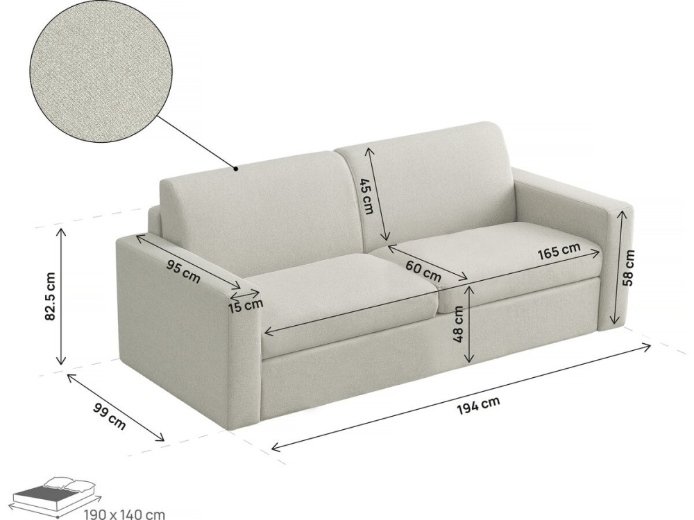 Canapé convertible express en tissu "Diana" - Couchage 140 cm - 3 places - Beige