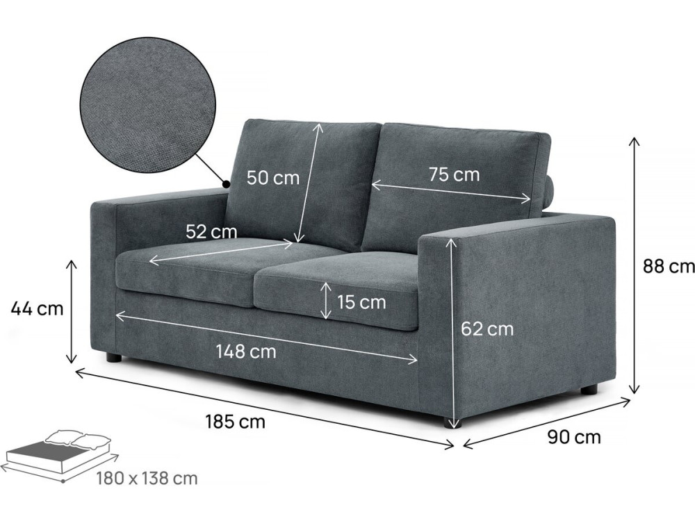 Canapé convertible express en tissu "Elena" - 3 places - Couchage 140 cm - Gris