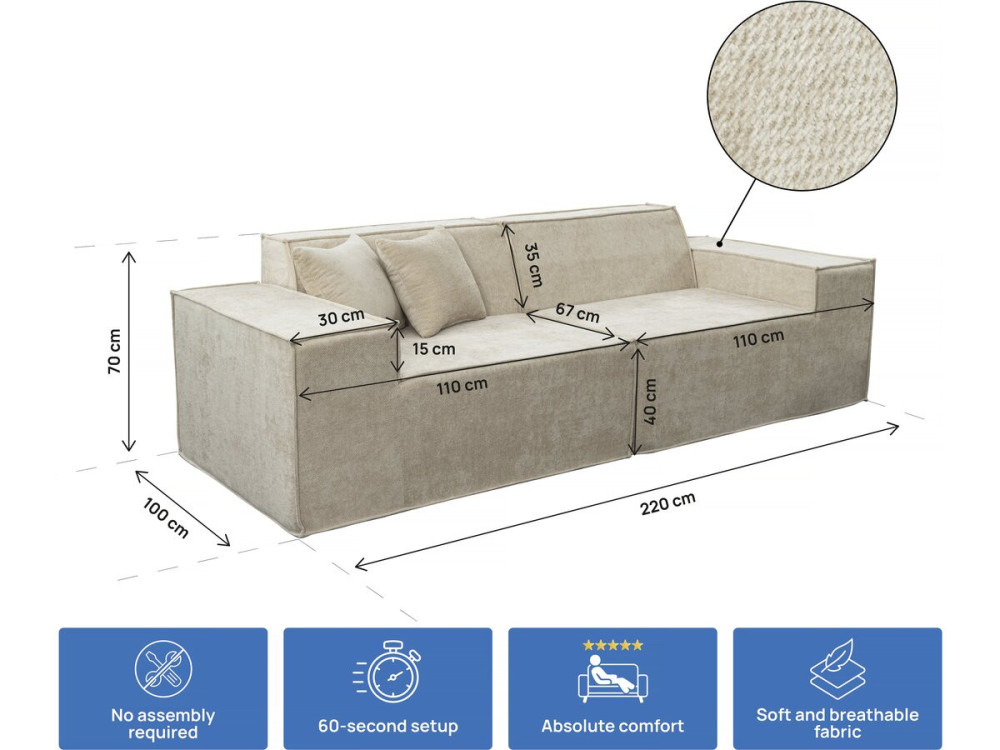 Canapé droit modulable en tissu texturé "Lusso" - 3 places - Beige