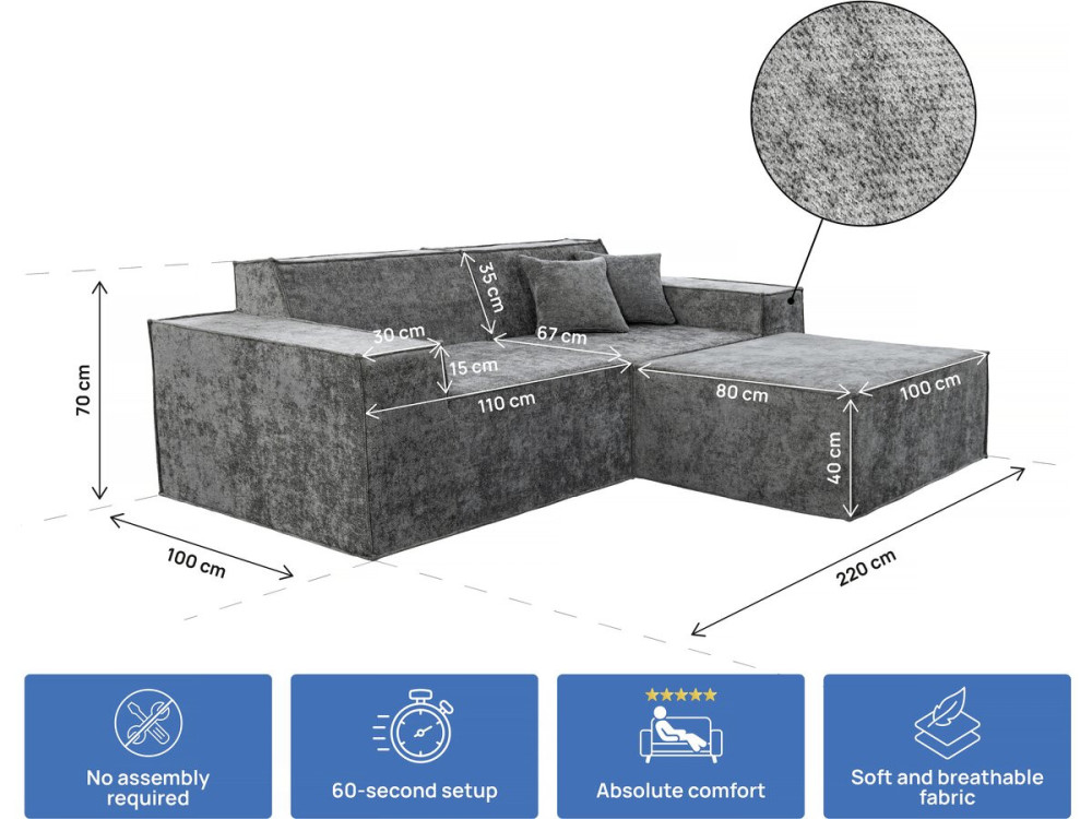 Canapé droit modulable avec ottoman en tissu texturé "Lusso" - 3 places - Gris