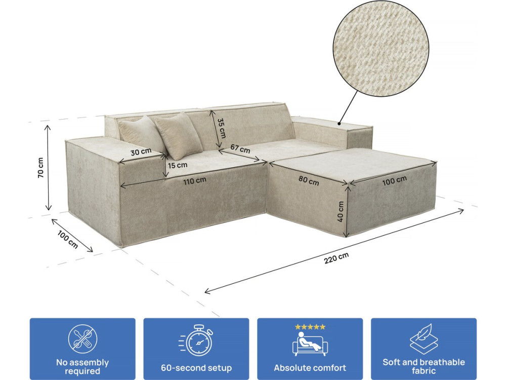 Canapé droit modulable avec ottoman en tissu texturé "Lusso" - 3 places - Beige