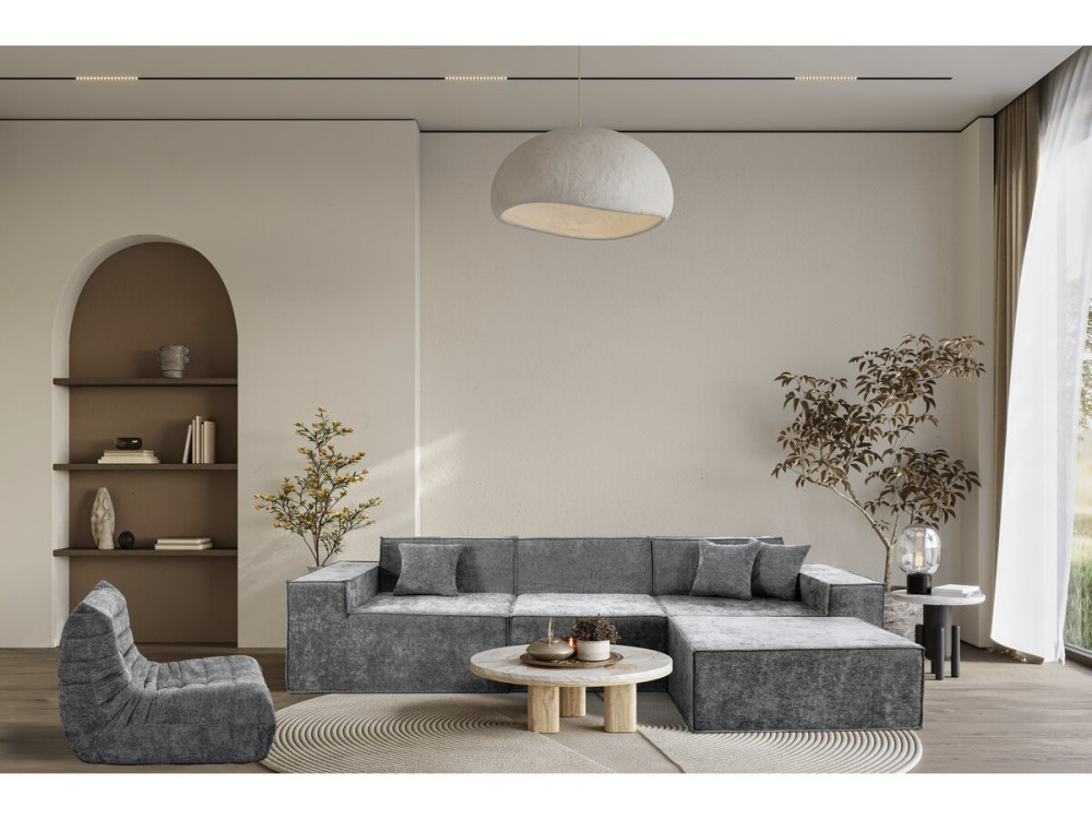 Canapé droit modulable avec ottoman en tissu texturé "Lusso" - 4 places - Gris